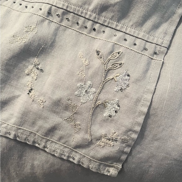 Linen maxi dress with embroidered panel, self-tie, pocket, EUC - Picture 5 of 6